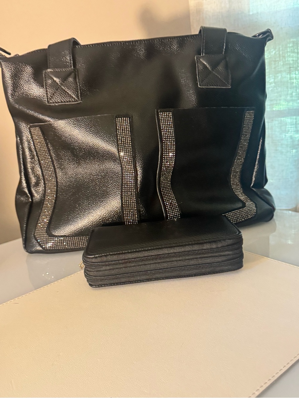 Black gorgeous high quality vegan leather Rhinestone large Tote Bag with wallet